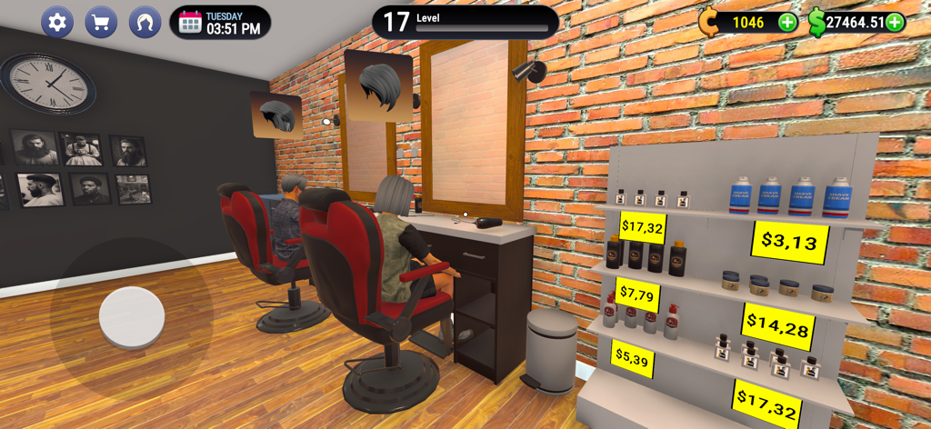 Hair Salon Simulator 3D - A 3D hair salon interior featuring red styling chairs and a beauty supply shelf with price tags.