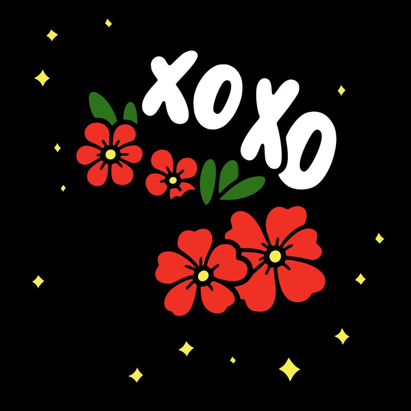 a bunch of flowers and the word xoxo in bubble letters in the middle