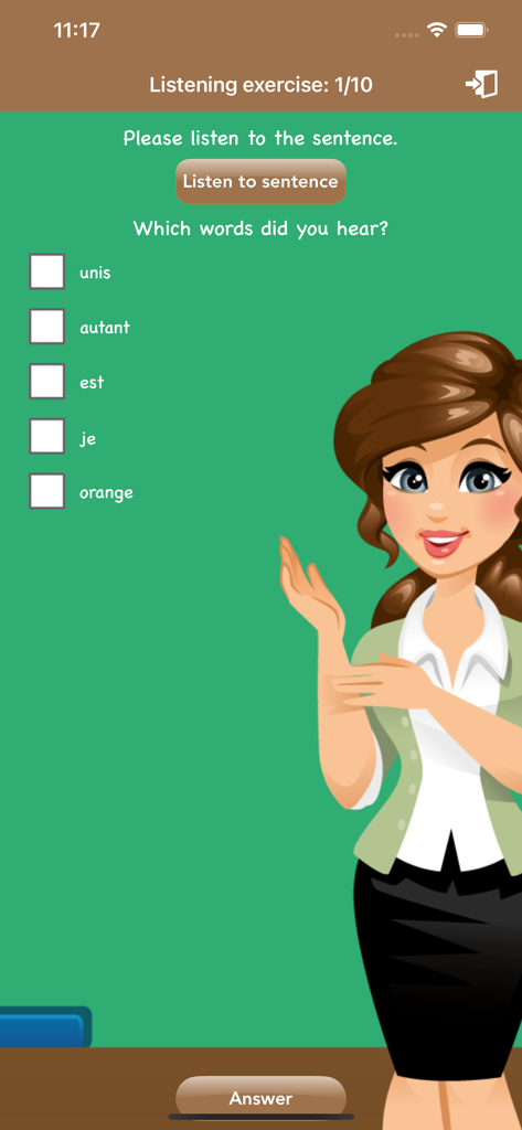 French Class - Listening exercise in the French Class app featuring a teacher character and word selection options