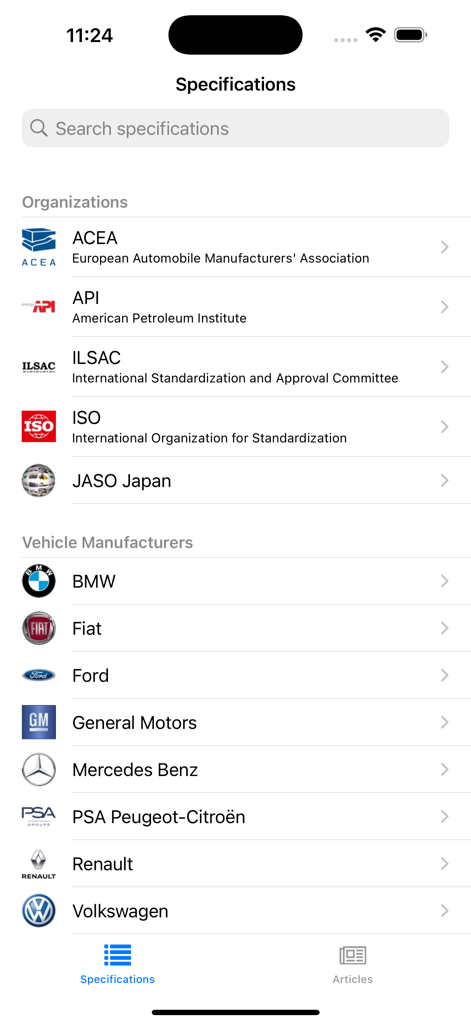 Oil Specifications - A list of lubricant specification organizations and car manufacturers in the Oil Specifications app