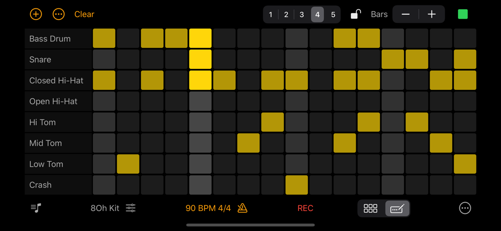 Drum sequencer interface in Rhythm Pad Pro showing a beat pattern grid with various percussion tracks.