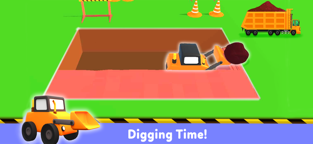 Truck Game for 5 year old Boys - Un bulldozer a cartoni animati che scava una fossa per le fondamenta in un cantiere per bambini.