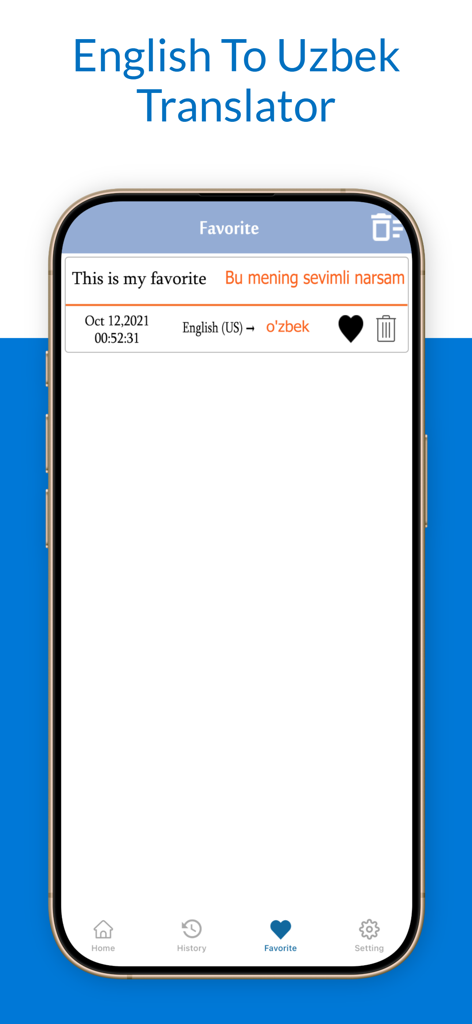 English To Uzbek Translation - Tela de smartphone mostrando a seção de favoritos do aplicativo de Tradução de Inglês para Uzbeque com uma frase salva.