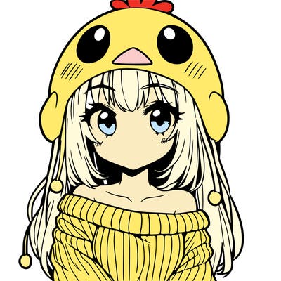 anime girl with chick shaped hat with sweater with bare shoulders with bangs covering them one eye with low tail