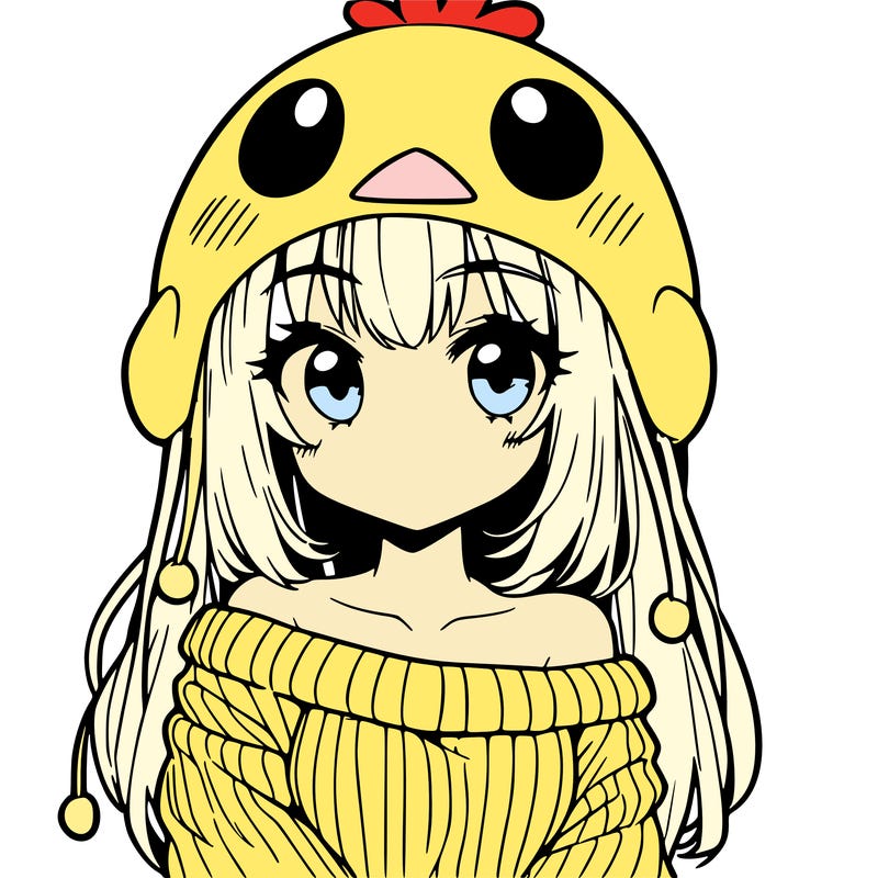 anime girl with chick shaped hat with sweater with bare shoulders with bangs covering them one eye with low tail