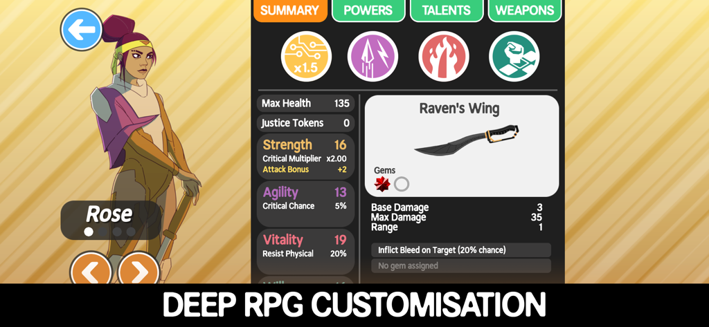 Ticket to Earth - Character customization screen for Rose in Ticket to Earth showing RPG stats and weapon details