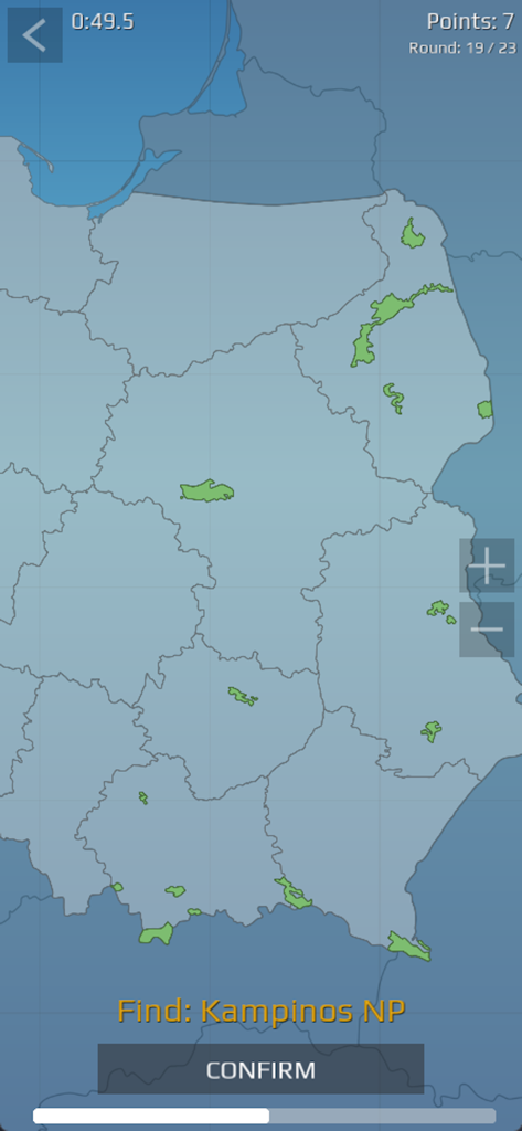 Poland Quiz (Qbis Studio) - A geography quiz screen asking the user to find Kampinos National Park on a map of Poland