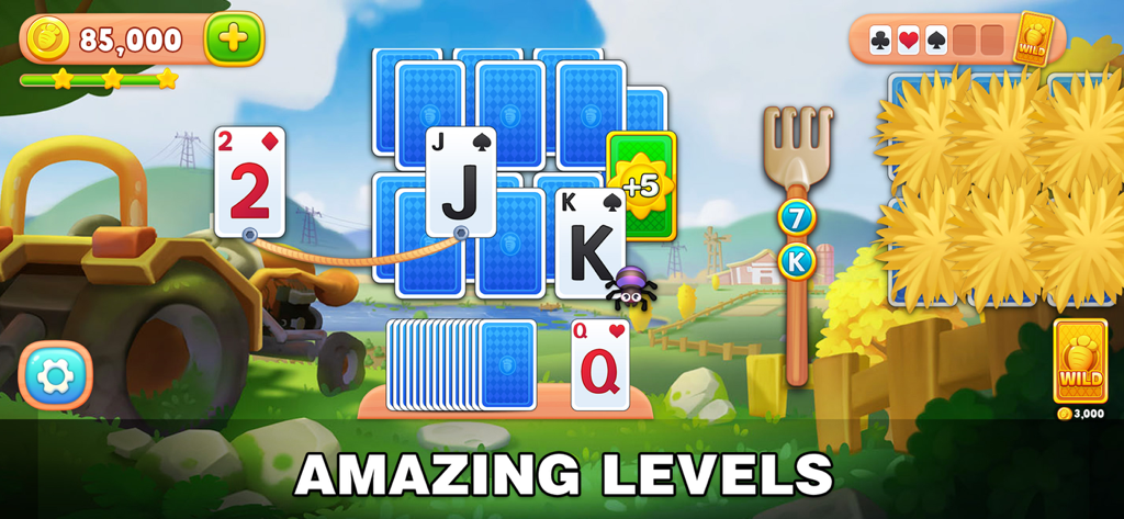 Solitaire Tripeaks card game level showing playing cards on a farm background with a tractor