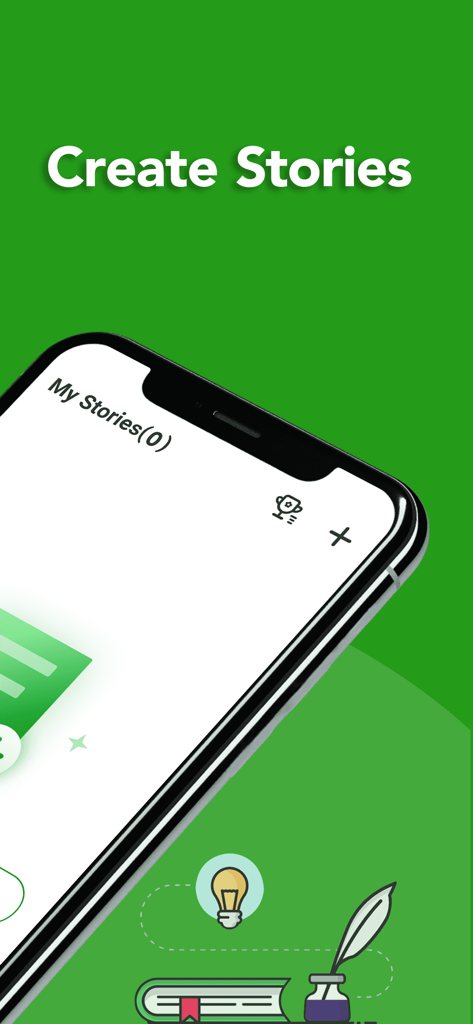 FameInk - Interface de l'application mobile FameInk pour créer des histoires avec une illustration de plume et d'ampoule