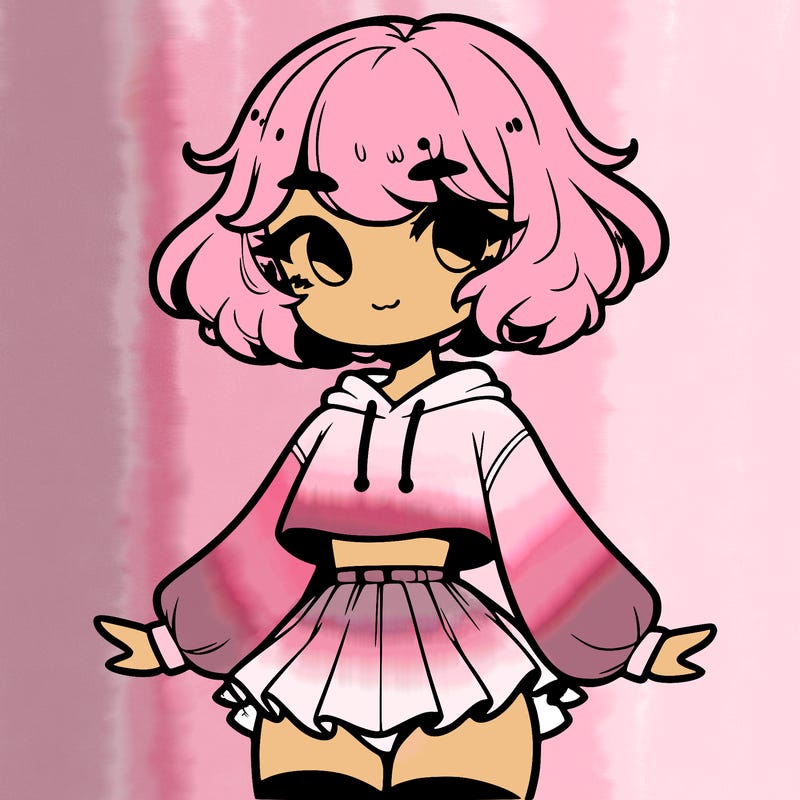 cute femboy with short, fluffy hair that softly frames their face, wearing a cropped hoodie, paired with a flouncy short skirt, and thigh-high stockings