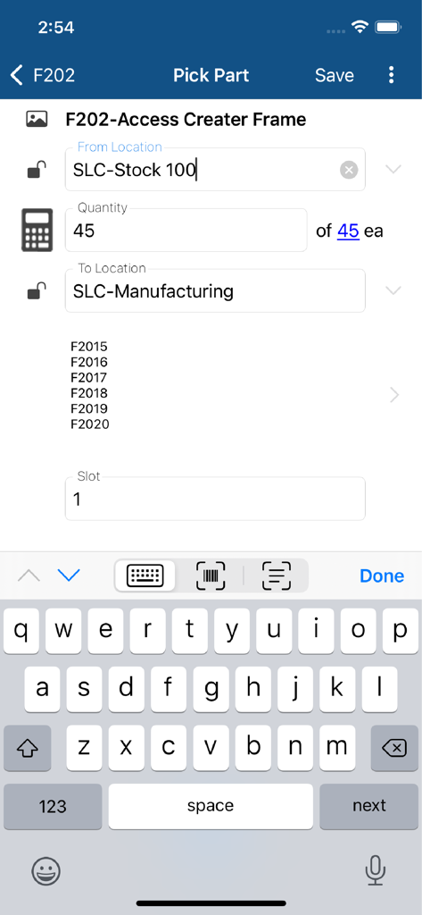 Screenshot of the Fishbowl Advanced app Pick Part screen showing quantity and warehouse location fields