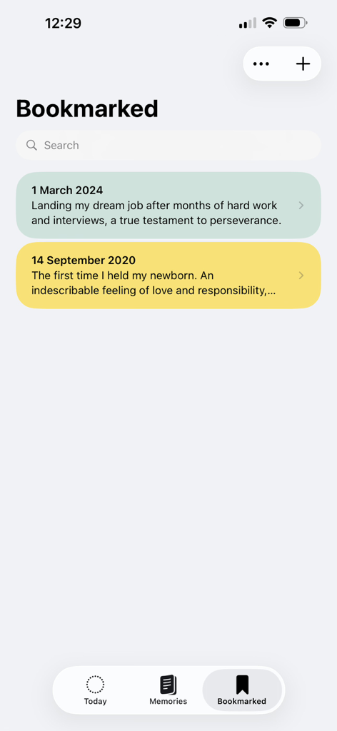 Today - Memory Notebook - A list of bookmarked diary entries in the Today Memory Notebook app showing life milestones