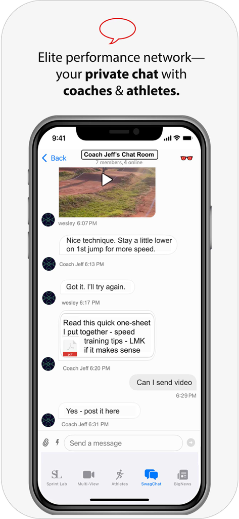 Swagger Eyes: SprintTimer - Mobile interface of SwagChat feature in Swagger Eyes app for private athlete coaching