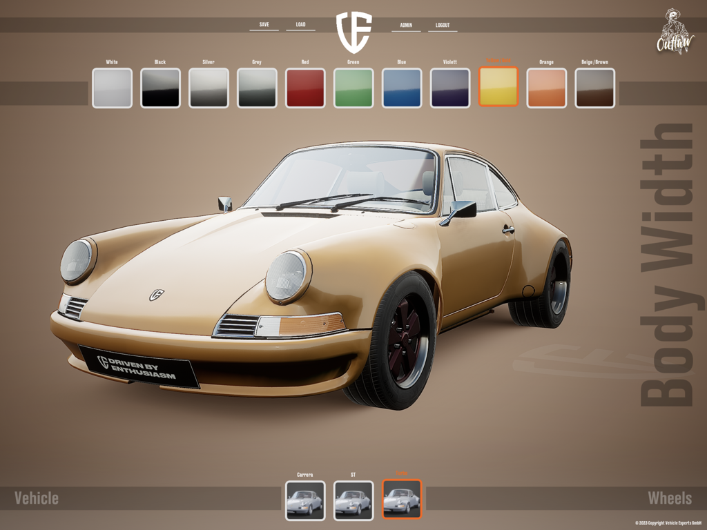 Vehicle Experts Configurator - Digital configurator interface showing a gold Porsche with color and body width selection menus