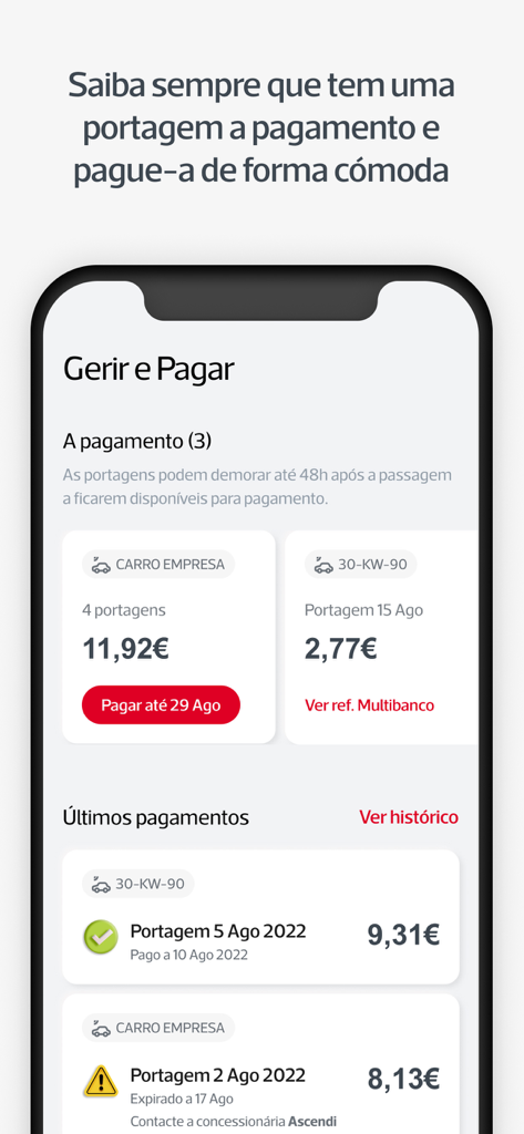 Pantalla de la aplicación móvil para gestionar y pagar peajes de autopistas portuguesas