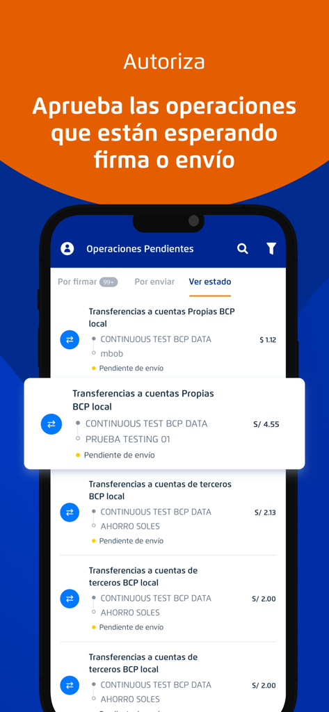 Telecrédito Móvil BCP app interface displaying a list of pending business transactions for approval and sending