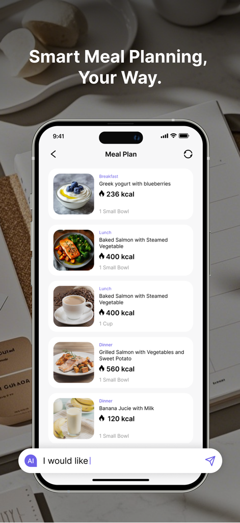 Calite AI - Calorie Counter - A smartphone screen displaying the Calite AI meal plan interface with food photos calorie counts and a chat bar for AI nutrition coaching