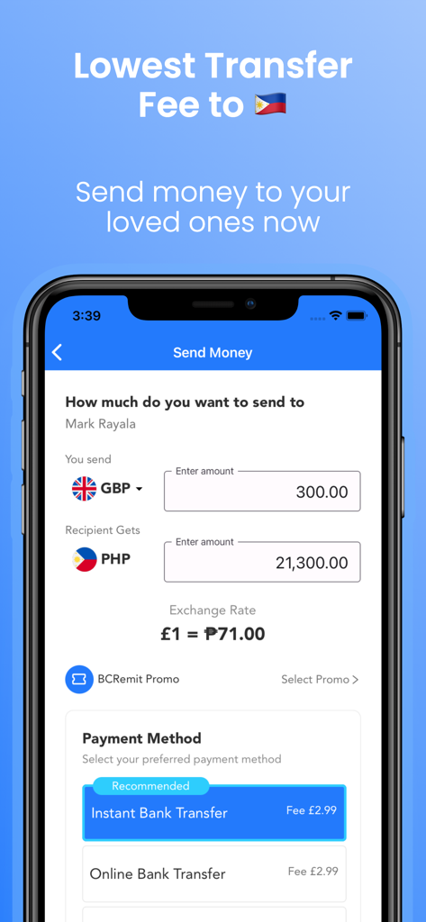 BCRemit - BCRemit mobile Oberfläche, die eine GBP-zu-PHP-Geldüberweisung mit Wechselkurs und Zahlungsoptionen anzeigt