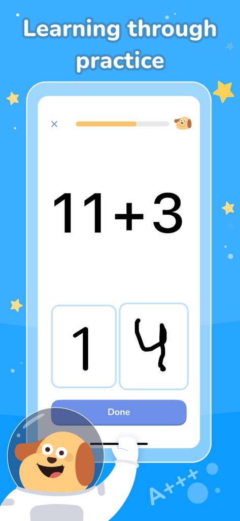 Math Games Rocket Learning - Educational app screen showing a child solving the math problem 11 plus 3 by drawing the numbers 14 with their finger