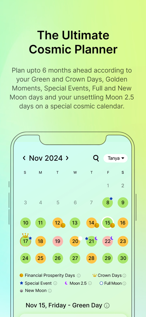The align27 app showing a color-coded monthly cosmic planner with astrological insights and icons.