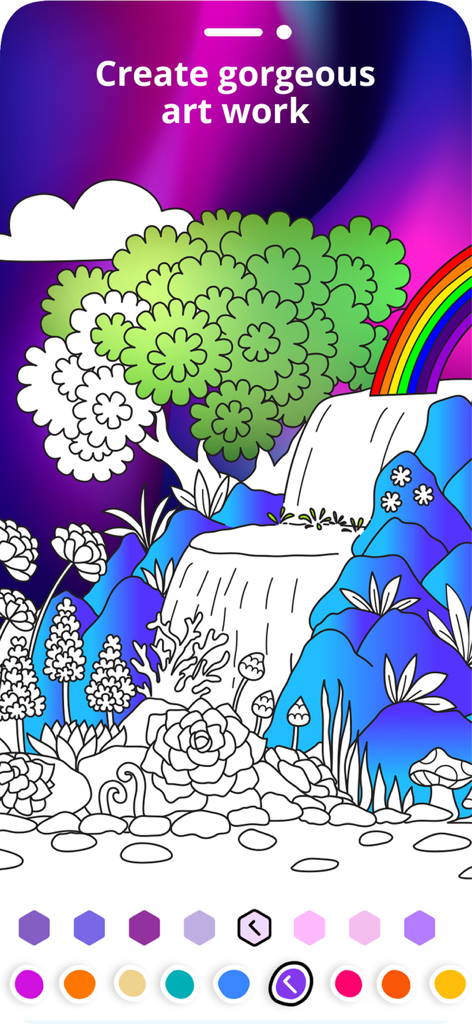 Drawing Apps Pencil Art apps - A mobile app interface showing a nature landscape with a waterfall and rainbow for digital coloring
