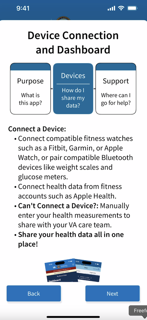Share My Health Data - Dashboard instructions in the Share My Health Data app explaining how to connect fitness trackers and medical devices for veterans