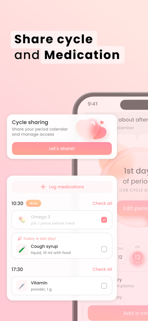 Interfaz de la aplicación Mooni para seguimiento de período que muestra opciones de compartir ciclo y una función de registro de medicamentos