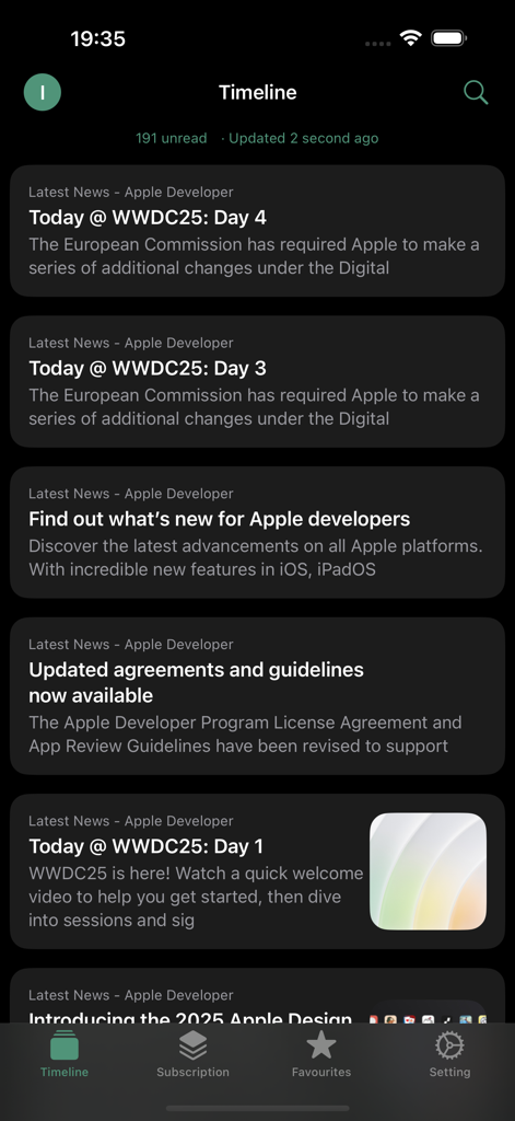 MineRSS - Minimal RSS reader - Tela da linha do tempo do aplicativo MineRSS exibindo um feed de artigos de notícias não lidos em modo escuro