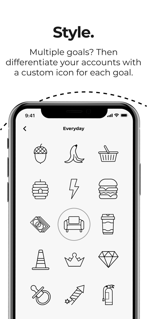 ME Bank - ME Bank mobile app screen showing options to differentiate savings goals with custom icons like an armchair or coffee cup