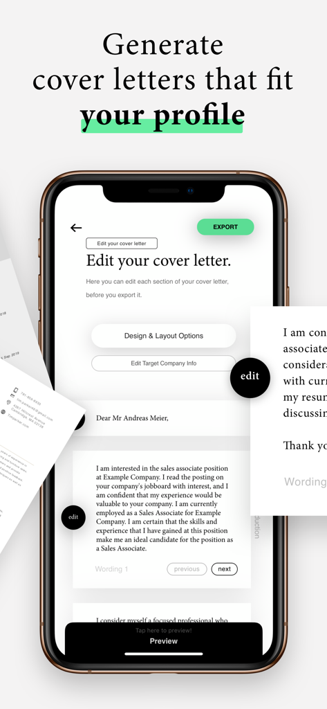 CV Maker · - CV Maker app interface for creating and editing professional cover letters on mobile