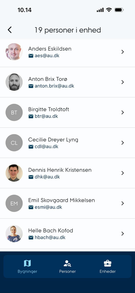 AU Find - Aarhus University staff directory showing a list of names and email addresses within the AU Find mobile app
