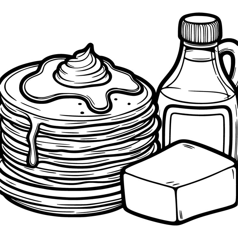 a stack of pancakes and syrup and a block of butter