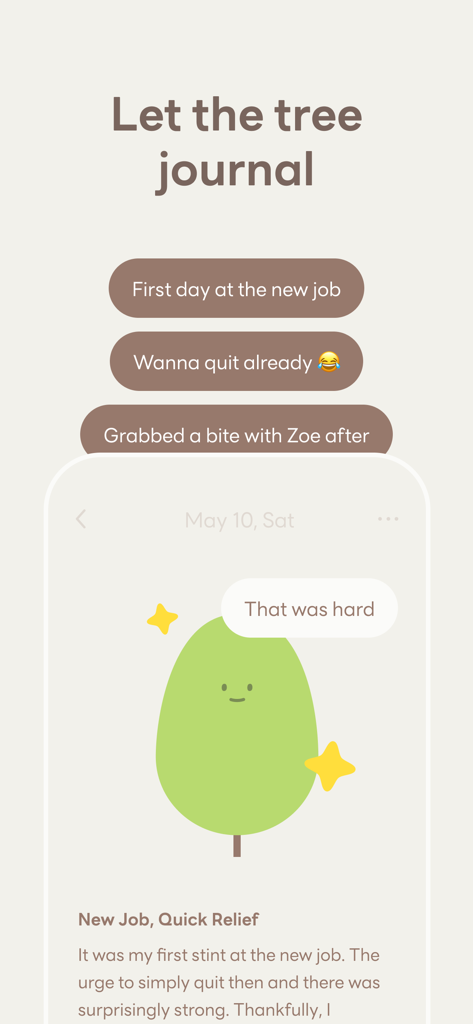 Mymory app screen showing a cute AI tree character helping a user write a journal entry about their first day at work.
