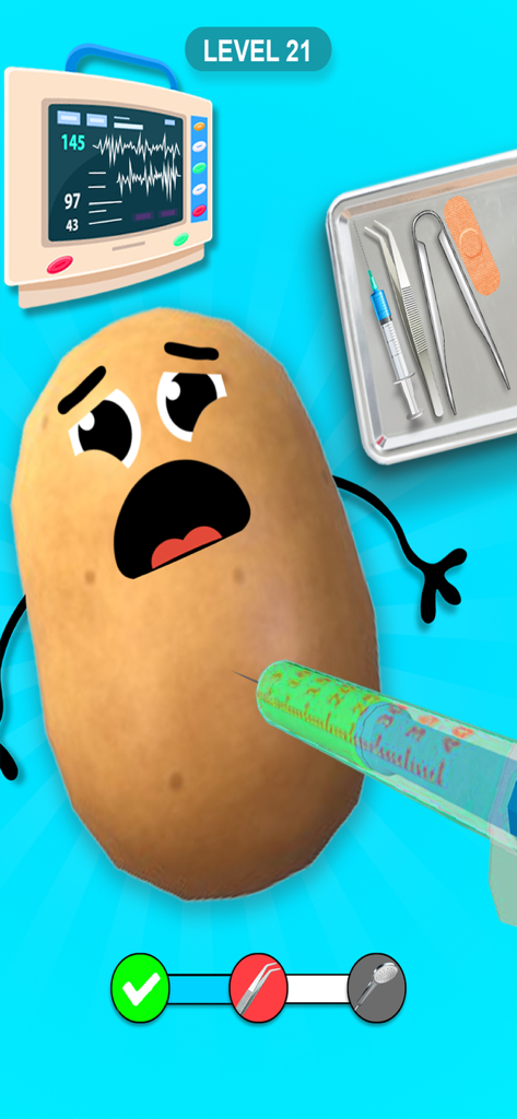 Fruit Surgeon Doctor Hospital - A potato character receiving a medical injection in a fruit surgery simulation game.