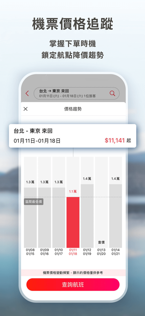 雄獅旅遊 - 機票、訂房、團體旅遊專屬優惠 - 雄獅旅遊アプリのフライト価格追跡インターフェース、台北から東京への航空運賃トレンドを表示