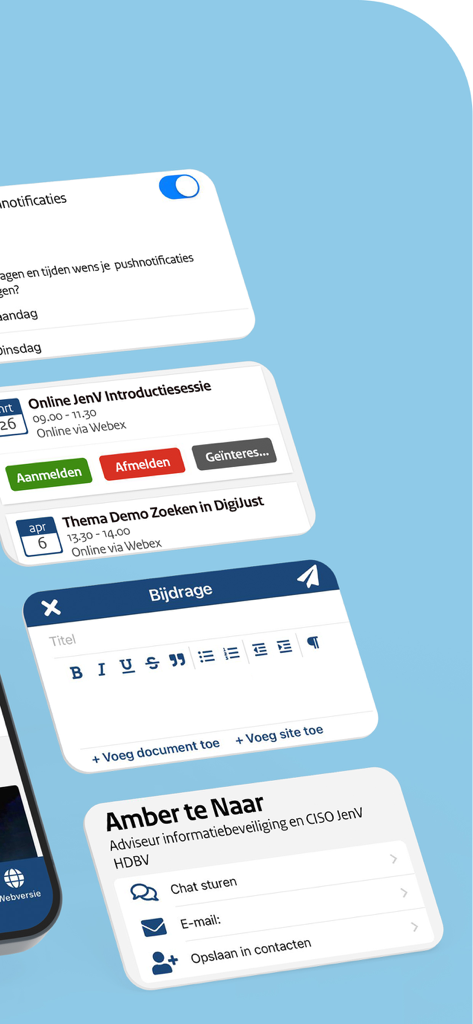 Connect Rijksapp - Interface cards of Connect Rijksapp including event calendar, post creation, and contact profile.