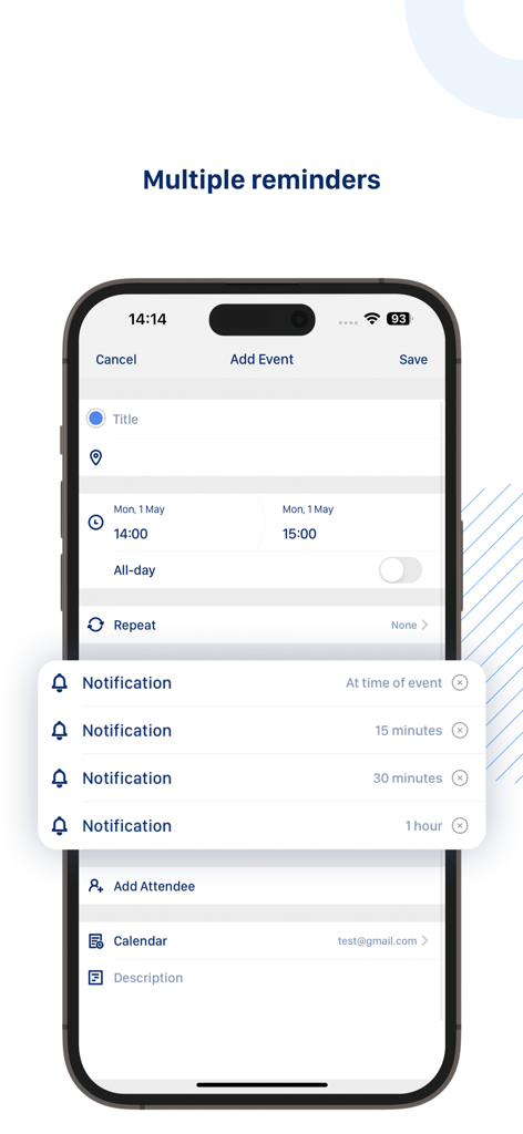 Tiny Calendar Pro - Captura de pantalla en iPhone de la aplicación Tiny Calendar Pro que muestra una pantalla de creación de eventos con múltiples recordatorios de notificación configurados para un solo evento
