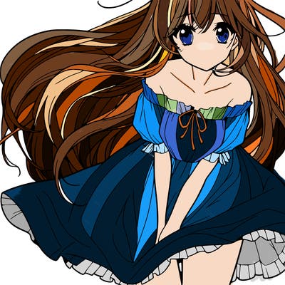 manga girl with long flowing hair and a dress that is pushed down