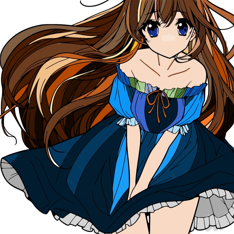 manga girl with long flowing hair and a dress that is pushed down