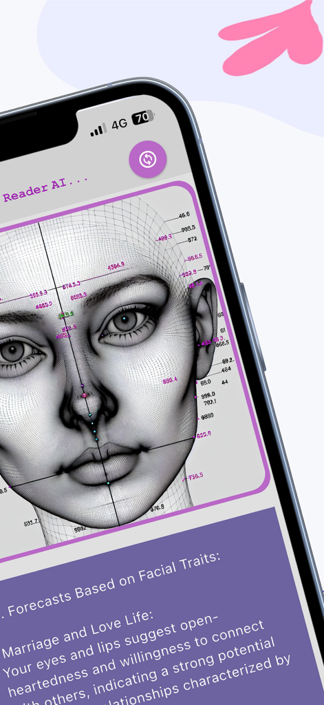 A 3D facial mapping grid with data points and personality forecasts on the Face Reader AI app interface.
