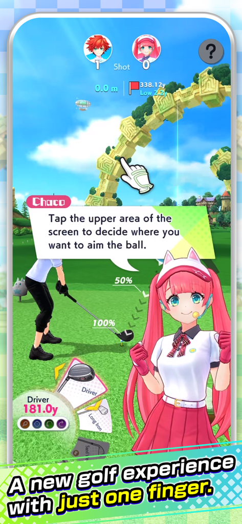 NEKO GOLF -Anime GOLF- - Tutorial screen of NEKO GOLF featuring an anime character explaining how to aim the golf ball with one finger
