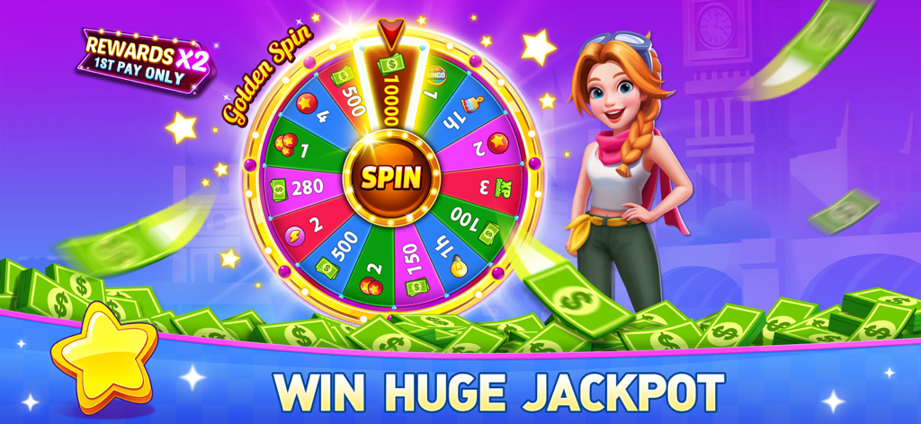 Bingo Vacation - Bingo Games - Golden spin wheel with virtual rewards and a female character in the Bingo Vacation app