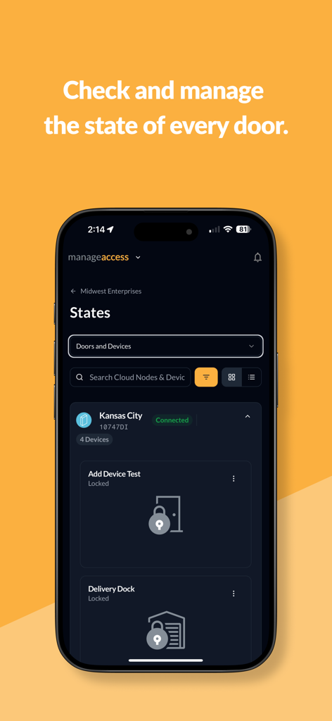 PDK Access by ProdataKey - Interfaz de la aplicación móvil PDK Access mostrando los estados de bloqueo en tiempo real de puertas y dispositivos
