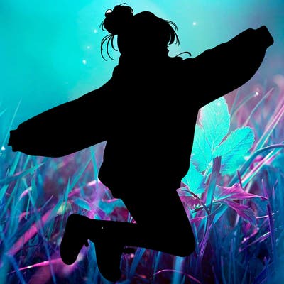 realistic girl jumping with a bun and oversized sweatshirt