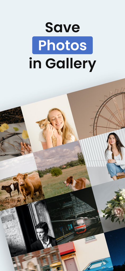 A mobile app screenshot showing a grid of saved photos including animals, people, and landscapes with the text Save Photos in Gallery.