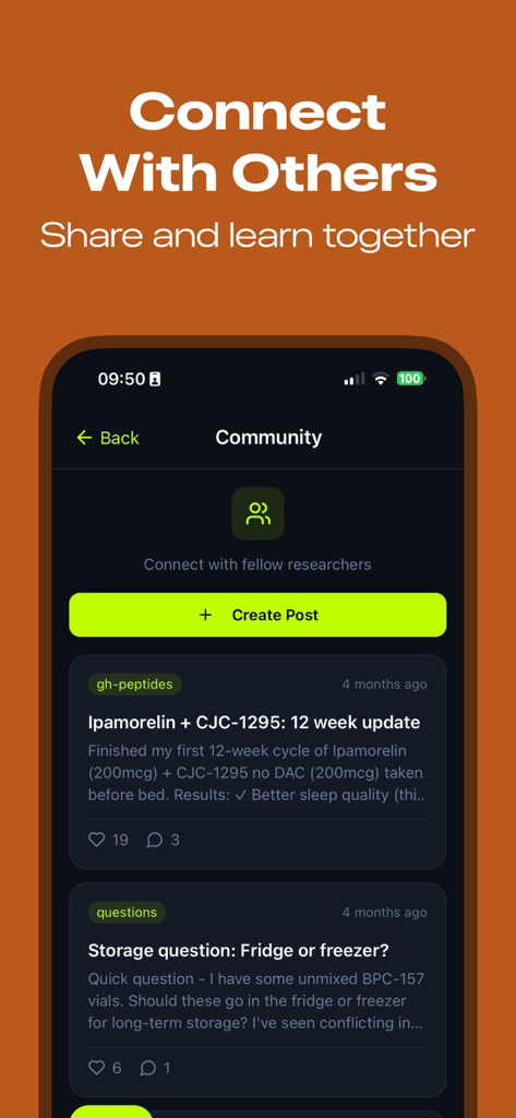 Peptide-Tracker - The community screen of the Peptide-Tracker app where users can share their peptide protocols and ask questions to fellow researchers.