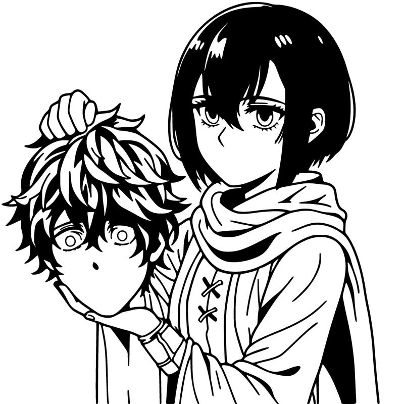 mikasa ackerman with the red scarf holding eren's head in her hand