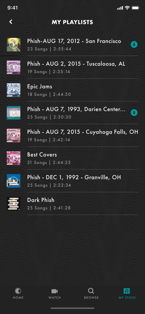 A list of user playlists and live Phish concert recordings in the My Stash section of the LivePhish mobile app.