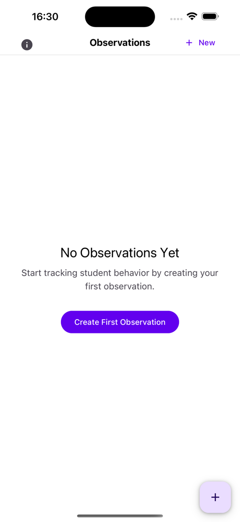 Behavior Observation: BOSS - Empty observations screen in the BOSS app with a purple button to create the first student behavior record