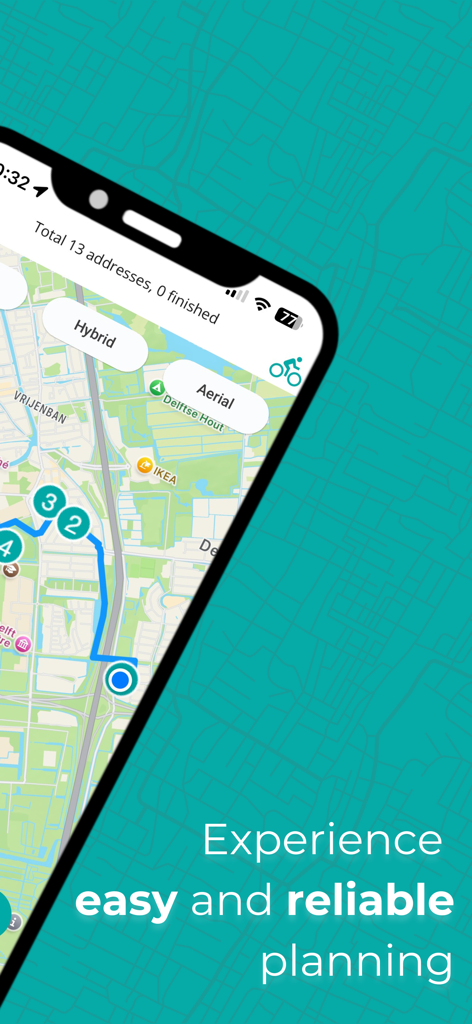 IBI - Optimal route planner - Smartphone screen showing the IBI app with a delivery route and numbered stops on a map